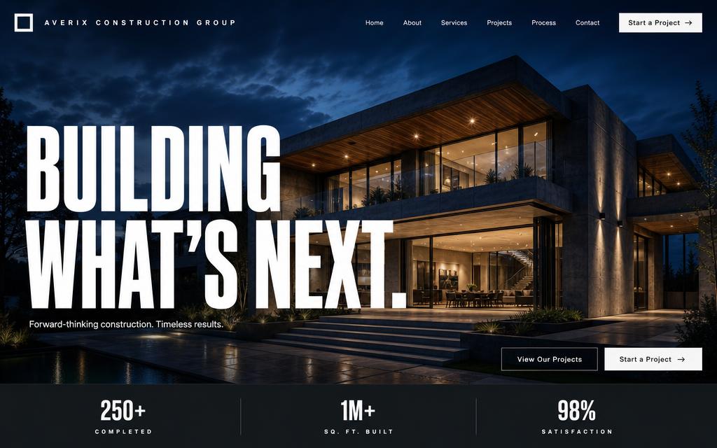 Concept design for Averix Construction Group, with a bold dark hero over a modern house at dusk