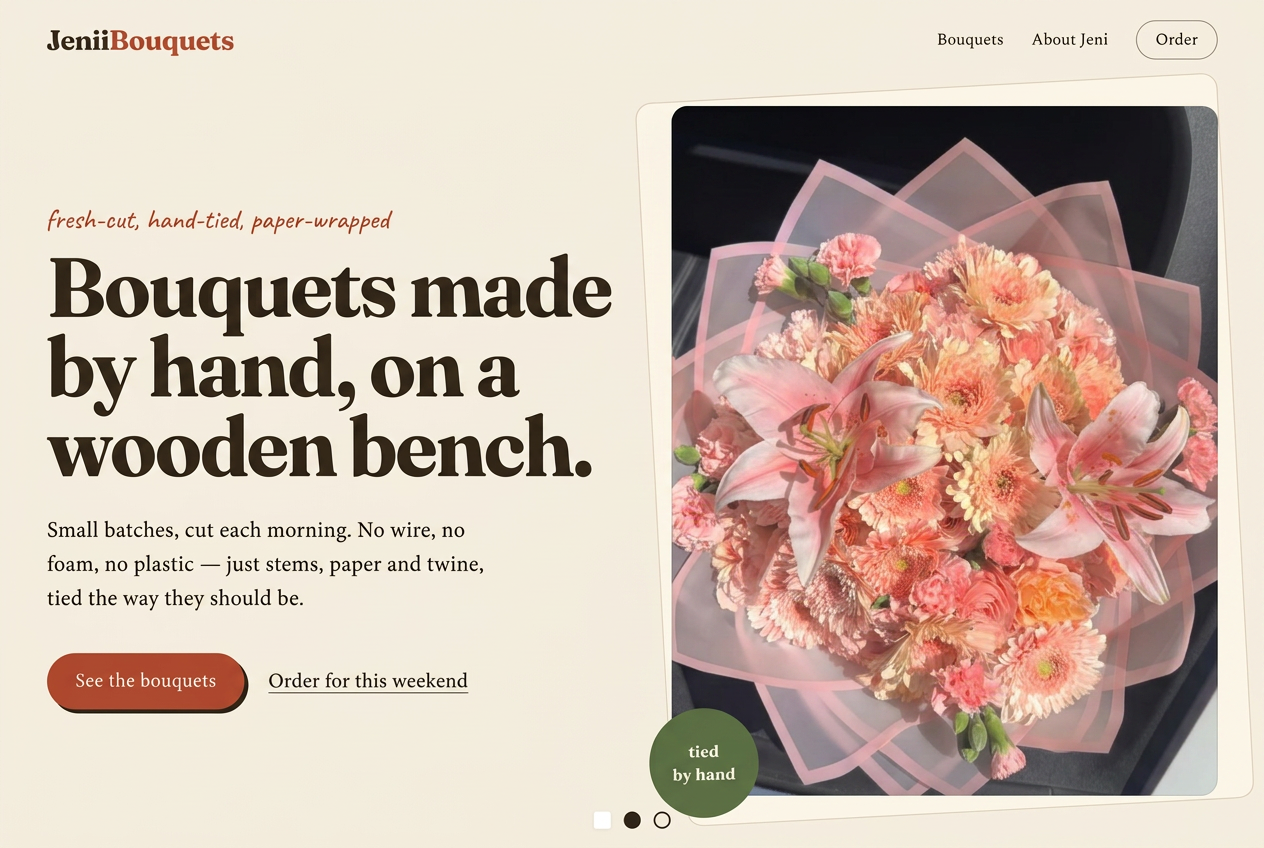 Website designed for Jenii Bouquets, a hand-tied flower bouquet shop